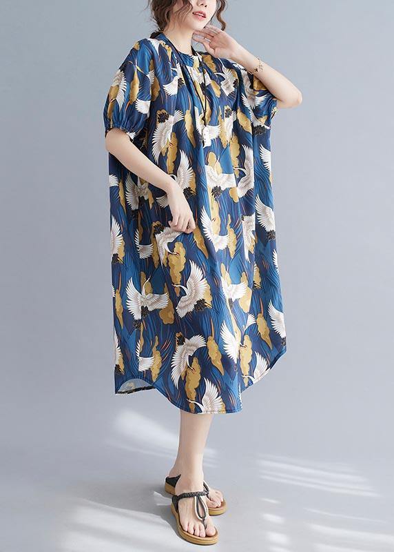 Loose Blue Print Cotton O-Neck Loose Summer Mid Dress - Image 2