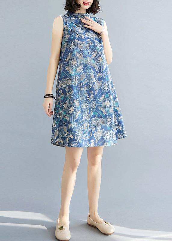 Loose Blue Print Oriental Summer Cotton Dress - Image 2