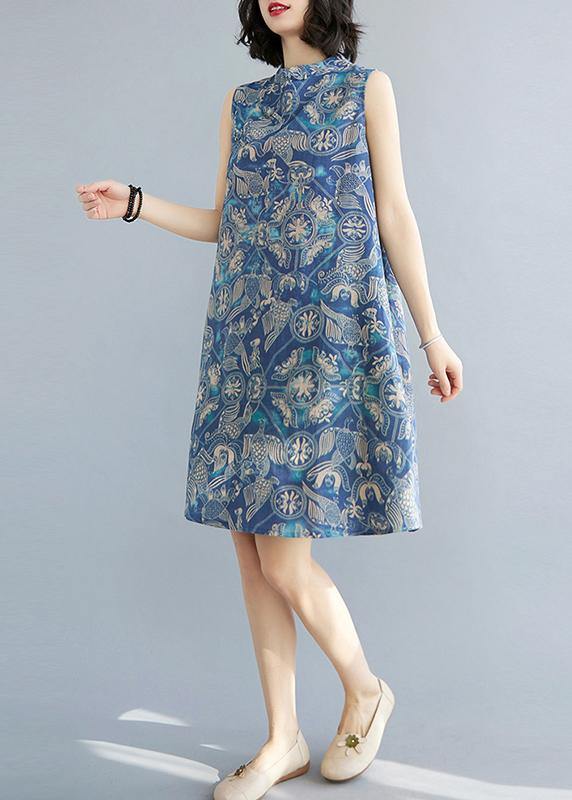 Loose Blue Print Oriental Summer Cotton Dress - Image 3