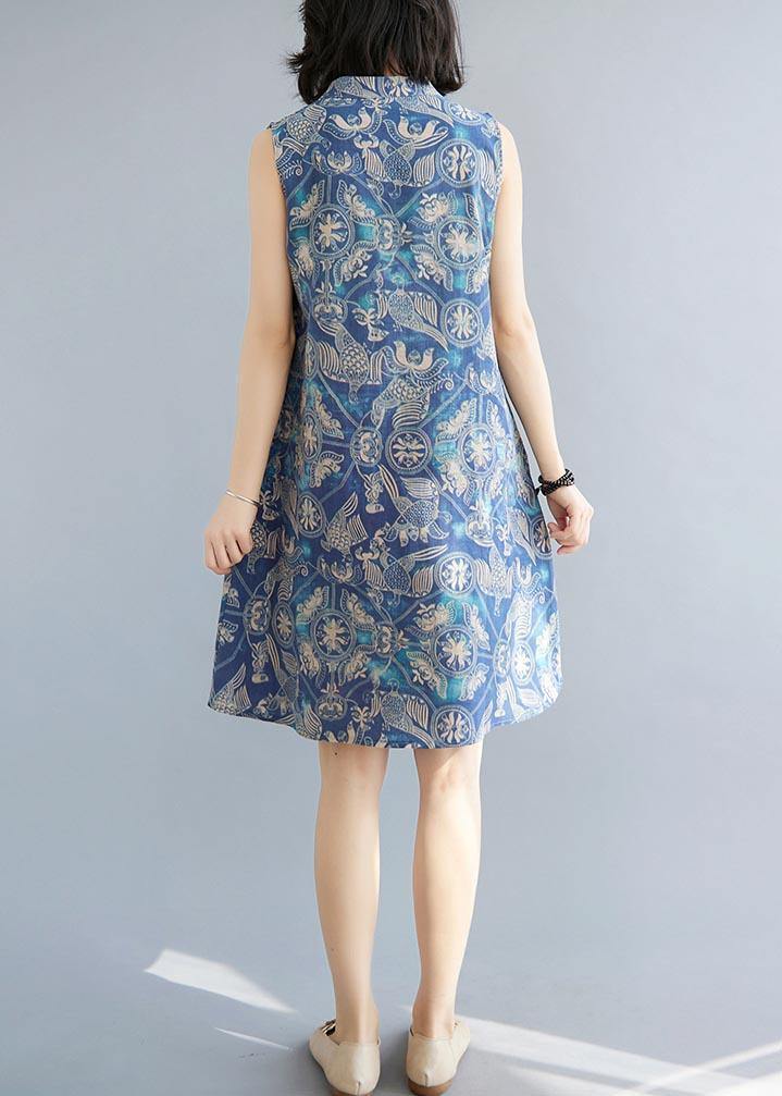 Loose Blue Print Oriental Summer Cotton Dress - Image 4