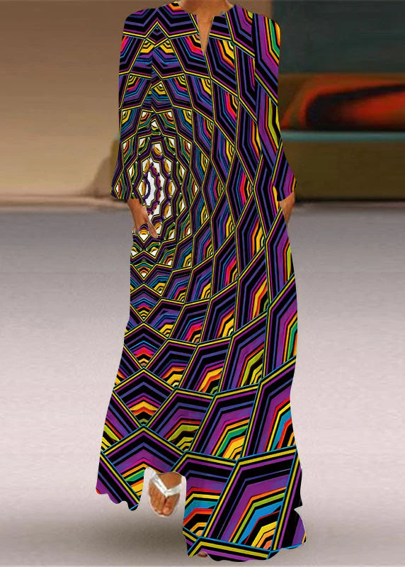 Loose Blue Print Pockets Chiffon Dresses Long Sleeve - Image 2