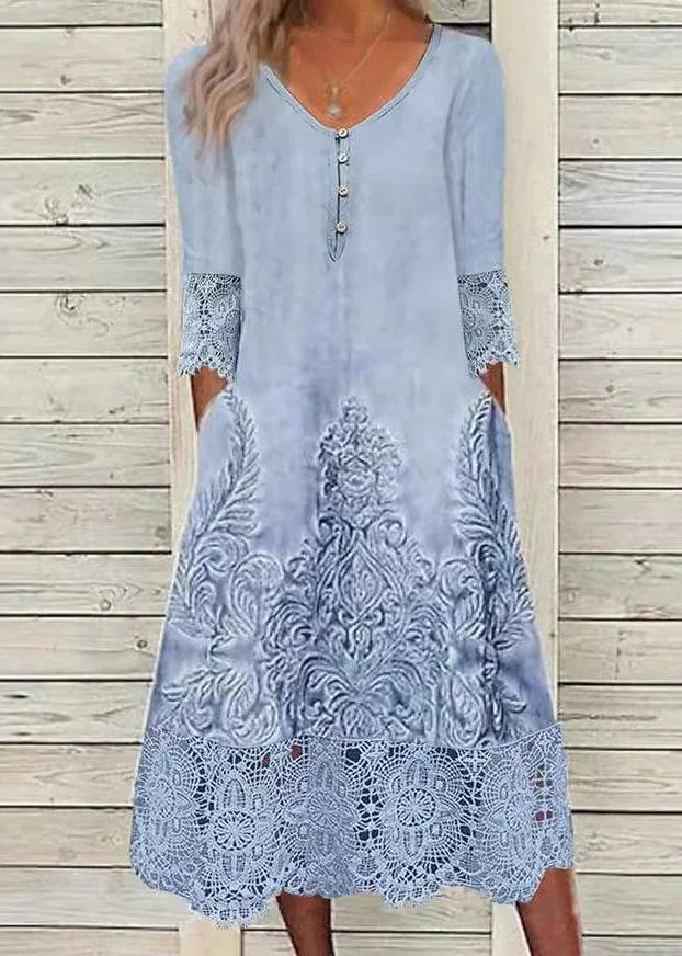 Loose Blue Print Pockets Lace Patchwork Long Dress Half Sleeve - Image 2