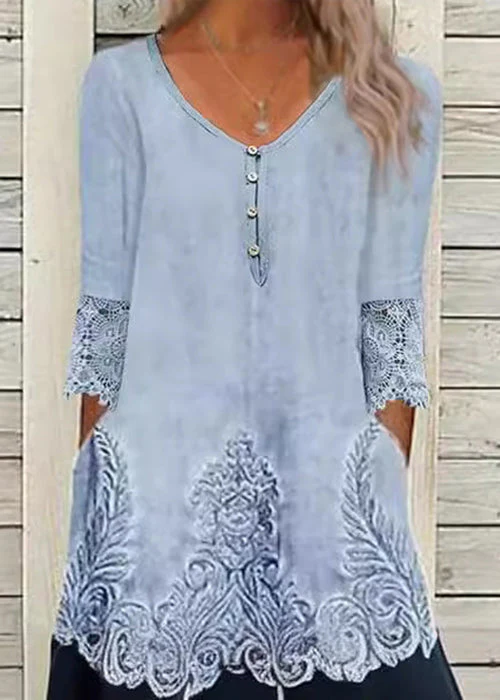 Loose Blue Print Pockets Lace Patchwork Long Dress Half Sleeve - Image 3