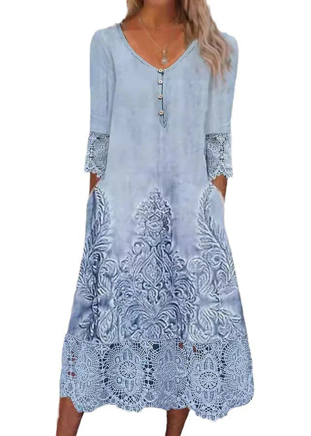Loose Blue Print Pockets Lace Patchwork Long Dress Half Sleeve - Image 5