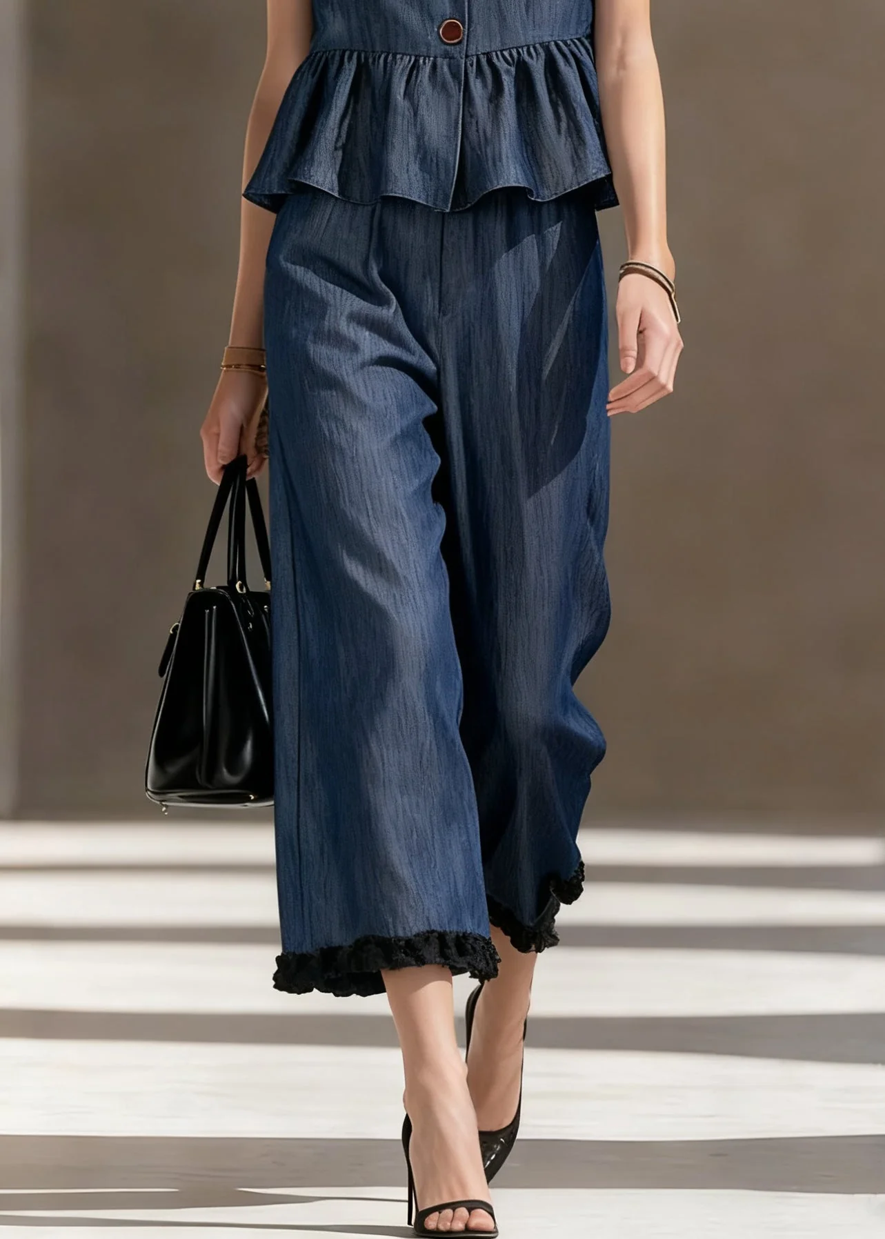 Loose Blue Ruffled Tops And Crop Pants Denim Two Pieces Set Sleeveless - Image 4