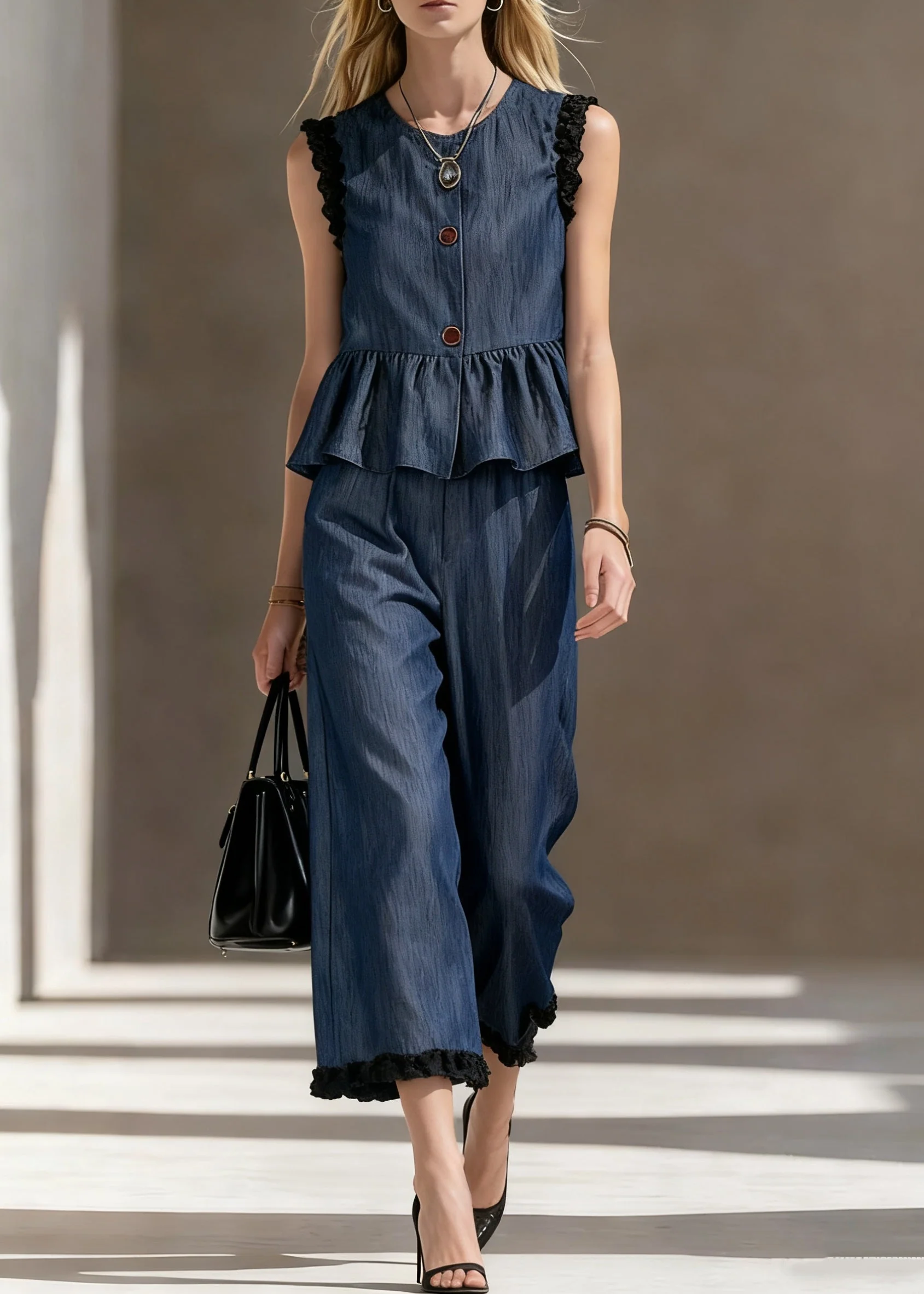 Loose Blue Ruffled Tops And Crop Pants Denim Two Pieces Set Sleeveless - Image 5