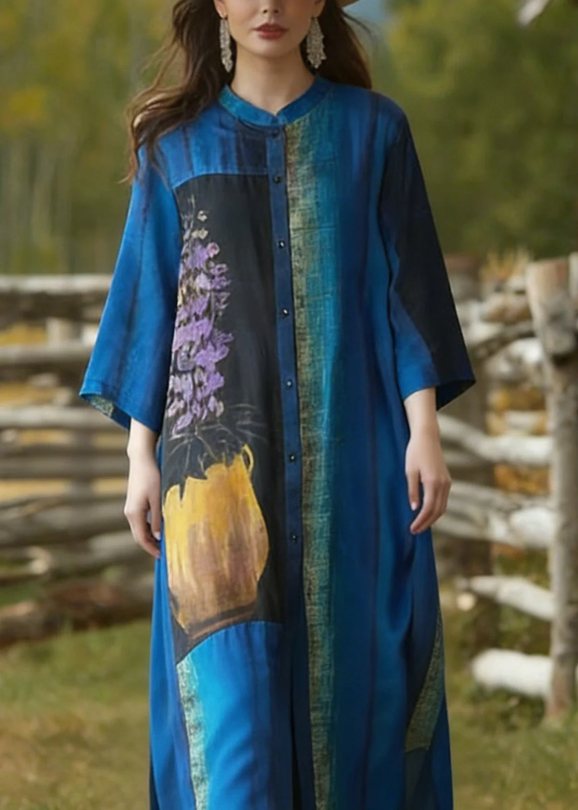 Loose Blue Stand Collar Button Print Silk Cardigans Summer - Image 2