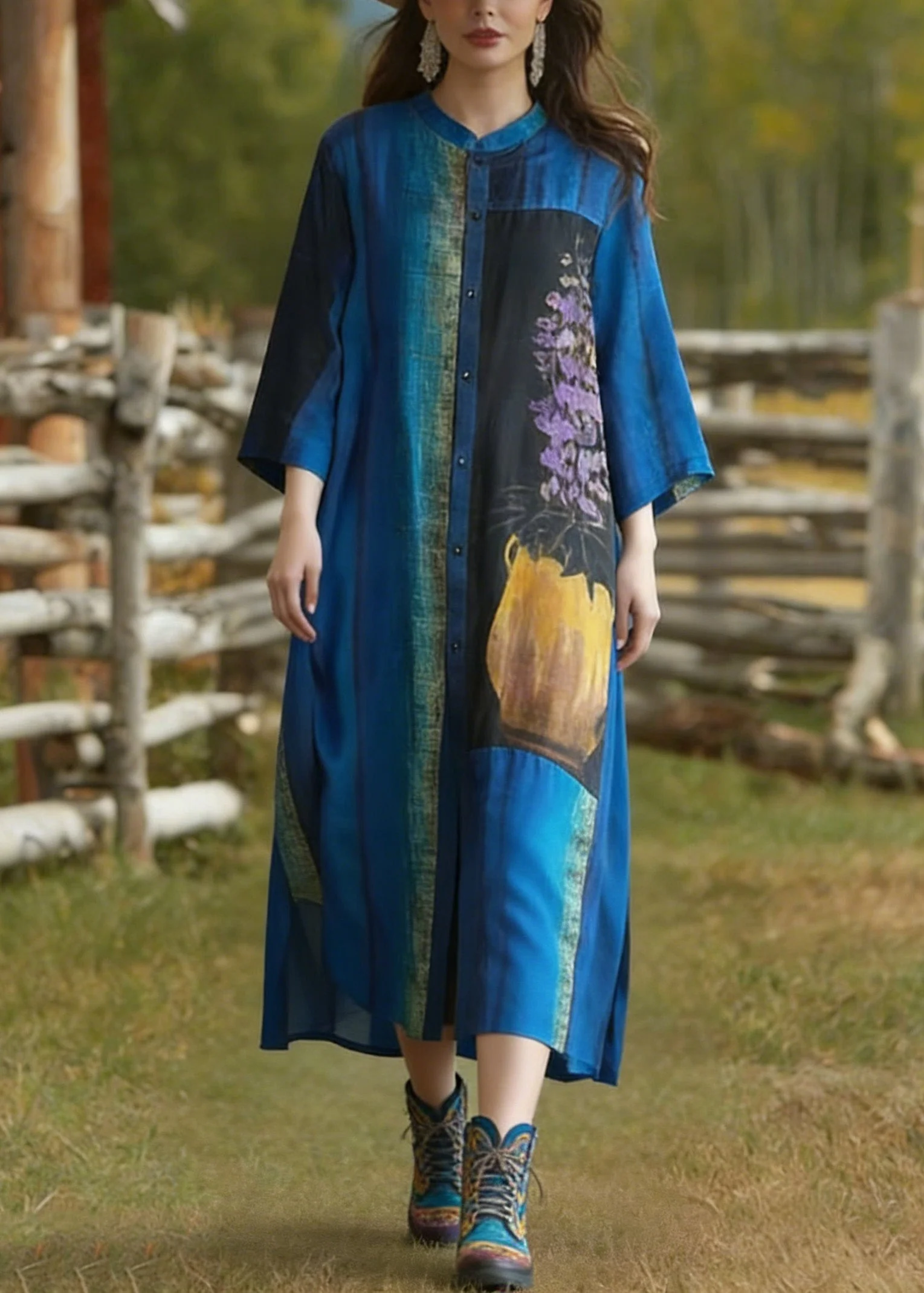 Loose Blue Stand Collar Button Print Silk Cardigans Summer - Image 3