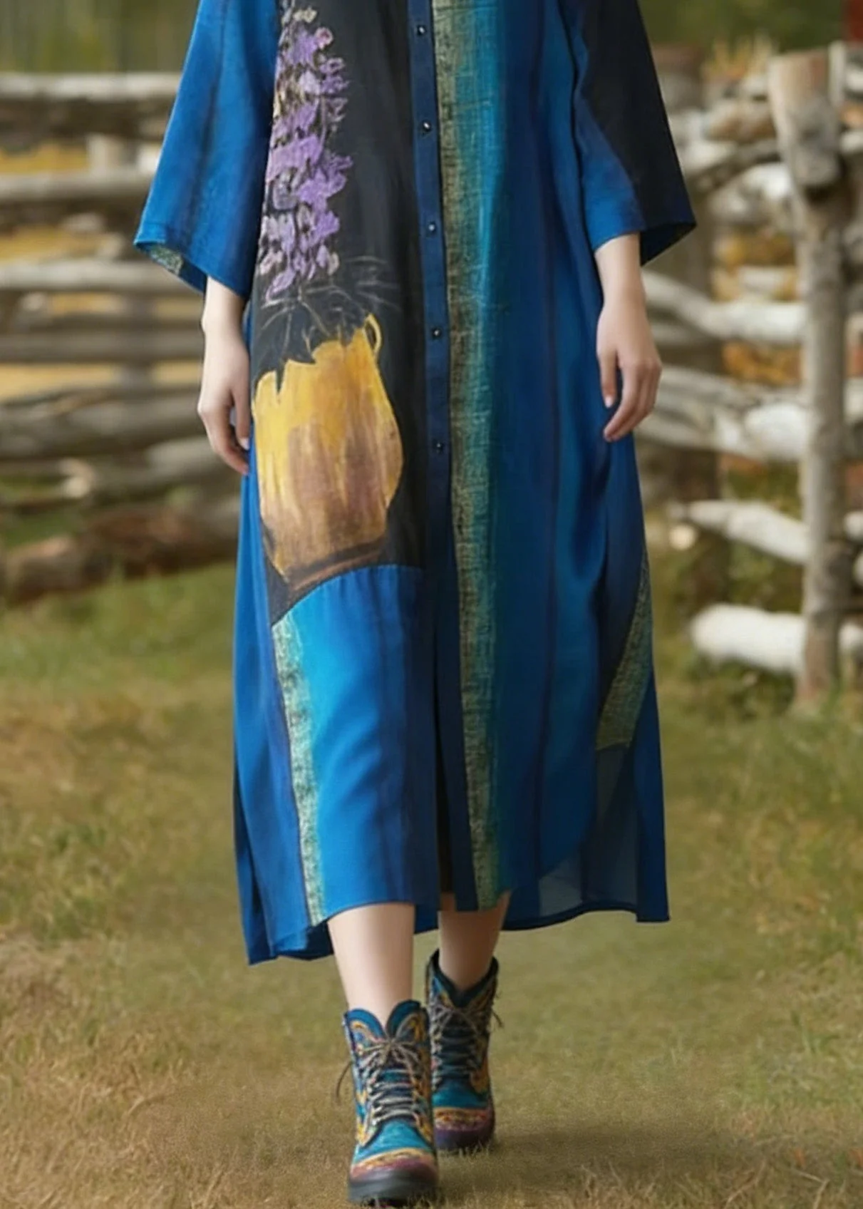 Loose Blue Stand Collar Button Print Silk Cardigans Summer - Image 4