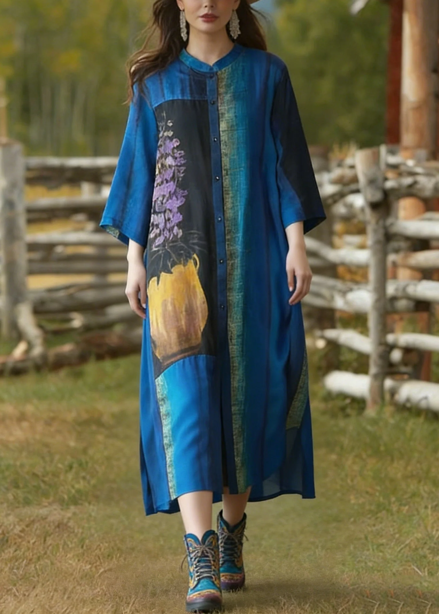 Loose Blue Stand Collar Button Print Silk Cardigans Summer - Image 5