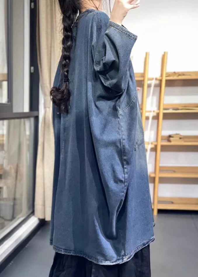 Loose Blue Stand Collar Chinese Button Pockets Denim Dress Spring - Image 4