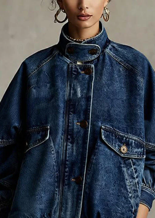 Loose Blue Stand Collar Pockets Denim Jacket Spring - Image 2