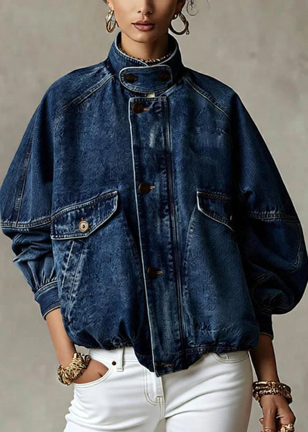 Loose Blue Stand Collar Pockets Denim Jacket Spring - Image 3
