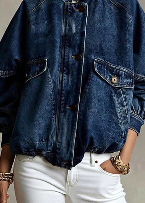 Loose Blue Stand Collar Pockets Denim Jacket Spring - Image 4