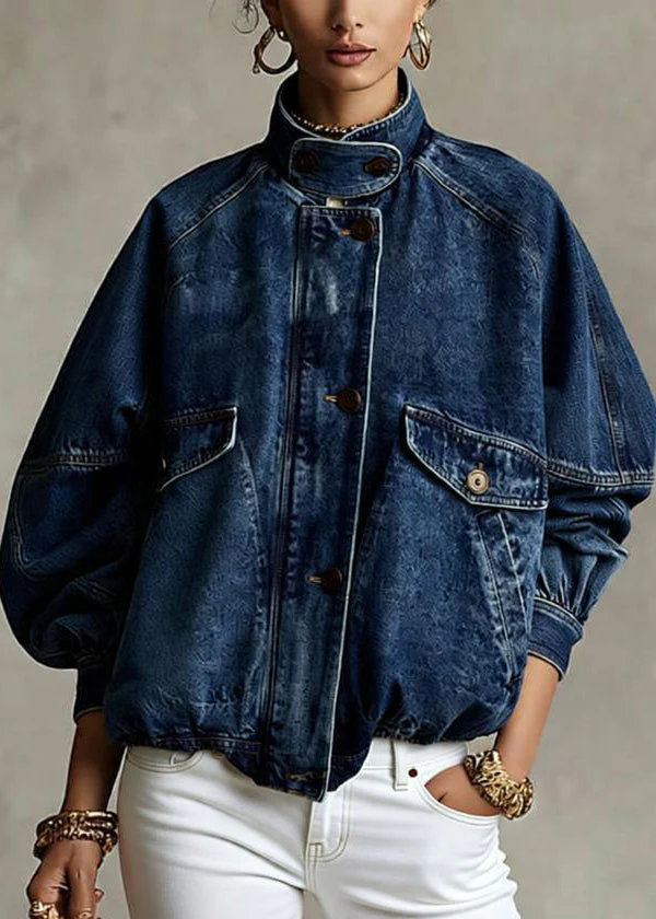 Loose Blue Stand Collar Pockets Denim Jacket Spring - Image 5