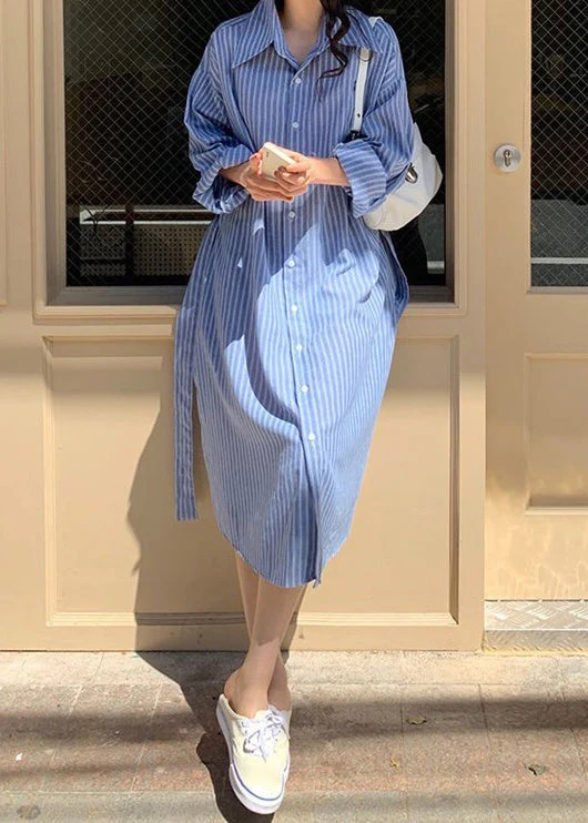 Loose Blue Striped Button Cotton Shirts Dress Spring - Image 2