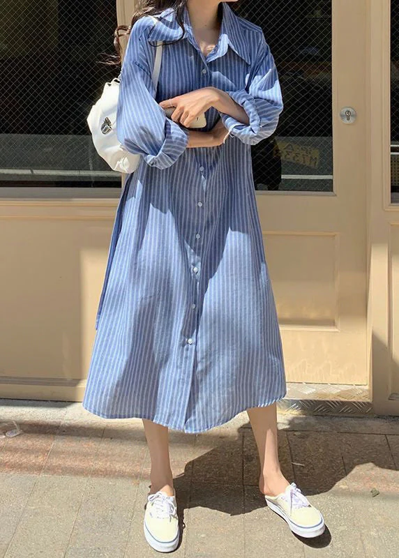 Loose Blue Striped Button Cotton Shirts Dress Spring - Image 3