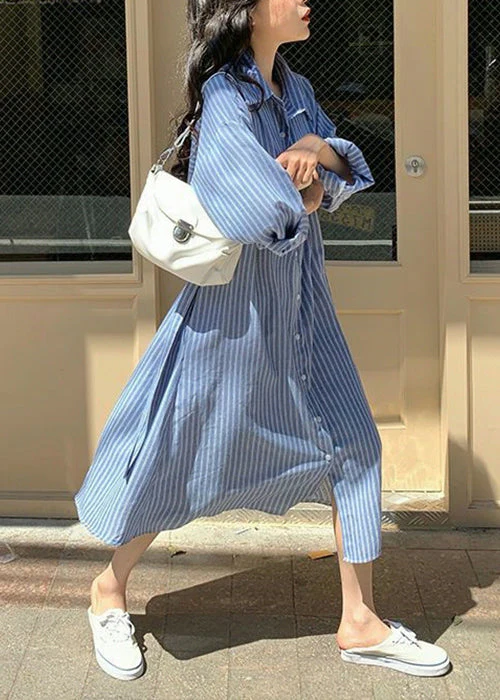 Loose Blue Striped Button Cotton Shirts Dress Spring - Image 4
