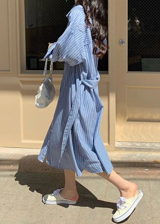 Loose Blue Striped Button Cotton Shirts Dress Spring - Image 5