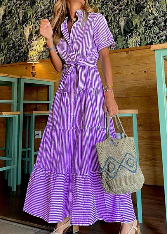 Loose Blue Striped Button Cotton Shirts Dresses Sleeveless - Image 3