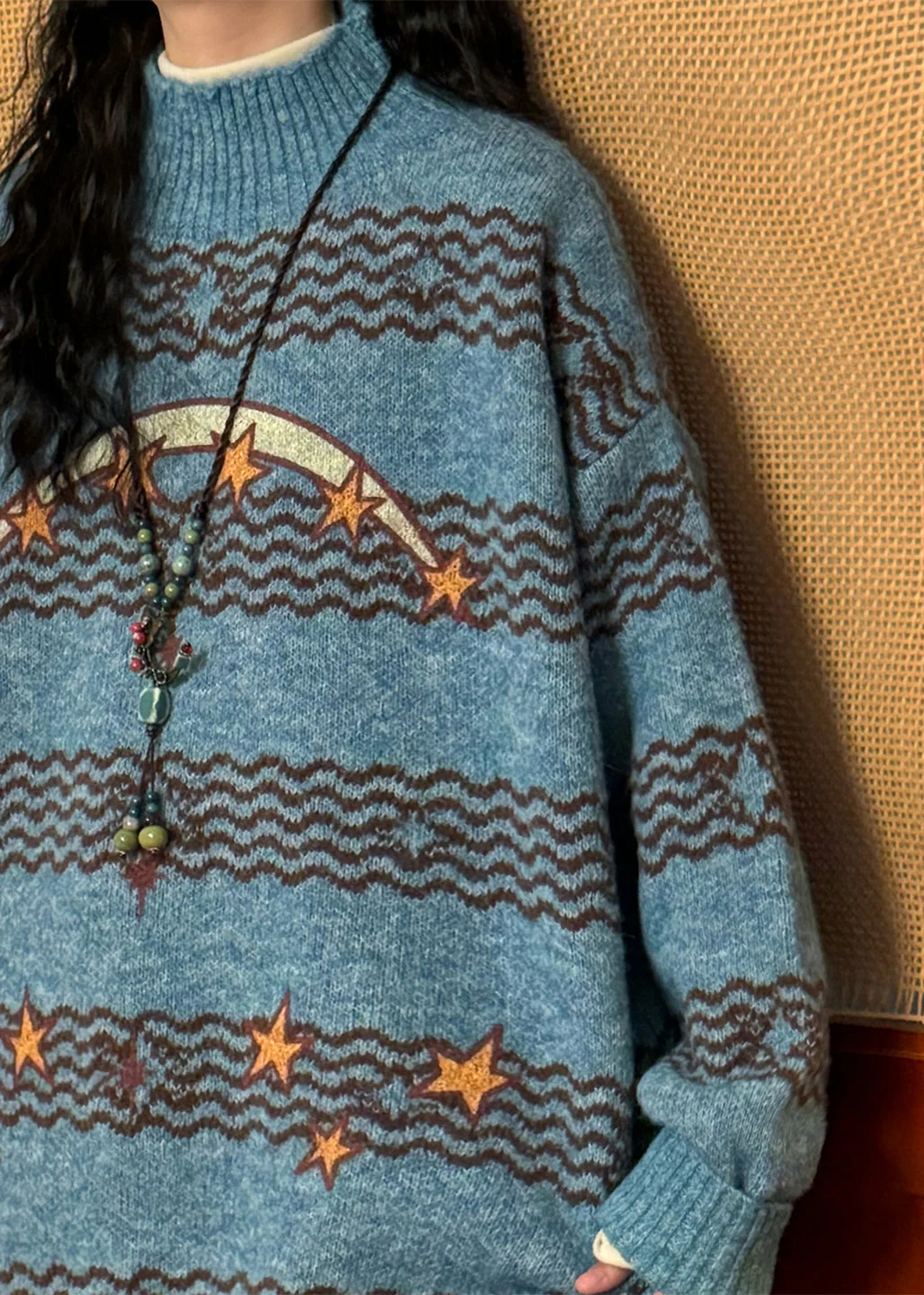 Loose Blue Striped Stars Knit Sweaters Winter - Image 5