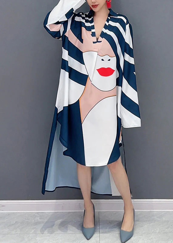 Loose Blue Striped V Neck Low High Design Maxi Dresses Fall - Image 3