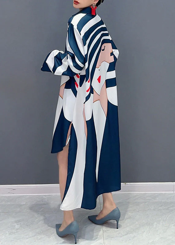 Loose Blue Striped V Neck Low High Design Maxi Dresses Fall - Image 4