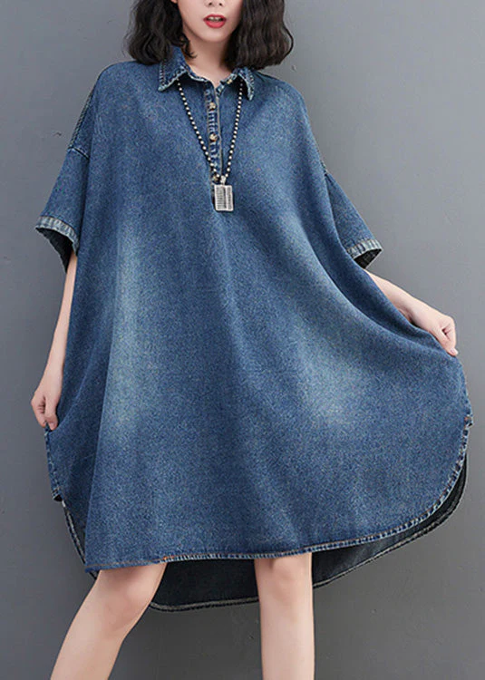 Loose Blue-sunflower Button Side Open Maxi Denim Dress Summer - Image 3