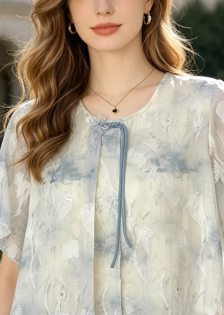 Loose Blue Tasseled Tie Dye Silk Shirts Summer - Image 2