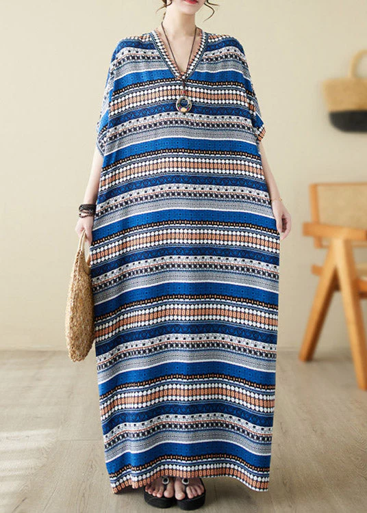Loose Blue V Neck Animal Print Long Beach Dresses Summer - Image 3