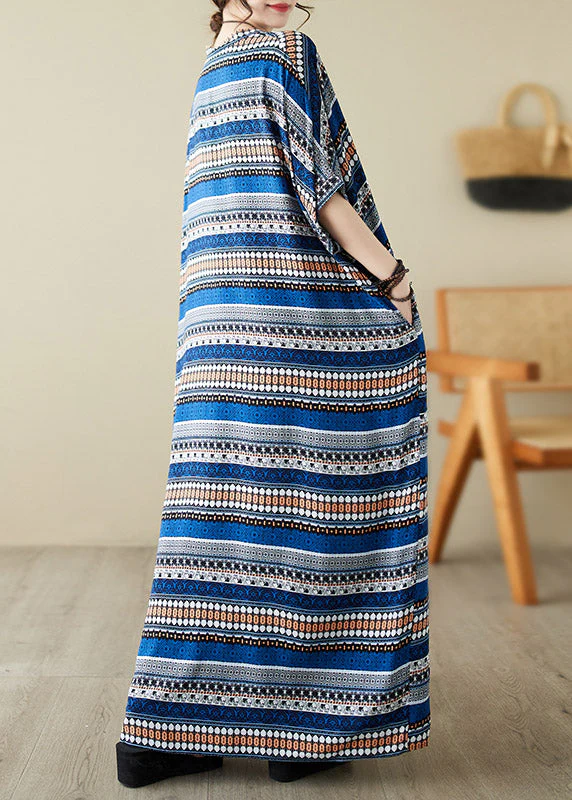 Loose Blue V Neck Animal Print Long Beach Dresses Summer - Image 4