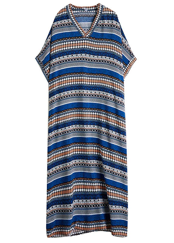 Loose Blue V Neck Animal Print Long Beach Dresses Summer - Image 5