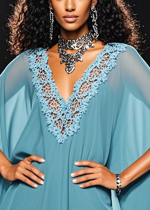 Loose Blue V Neck Hollow Out Lace Chiffon Top Batwing Sleeve - Image 2