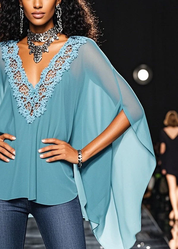 Loose Blue V Neck Hollow Out Lace Chiffon Top Batwing Sleeve - Image 4
