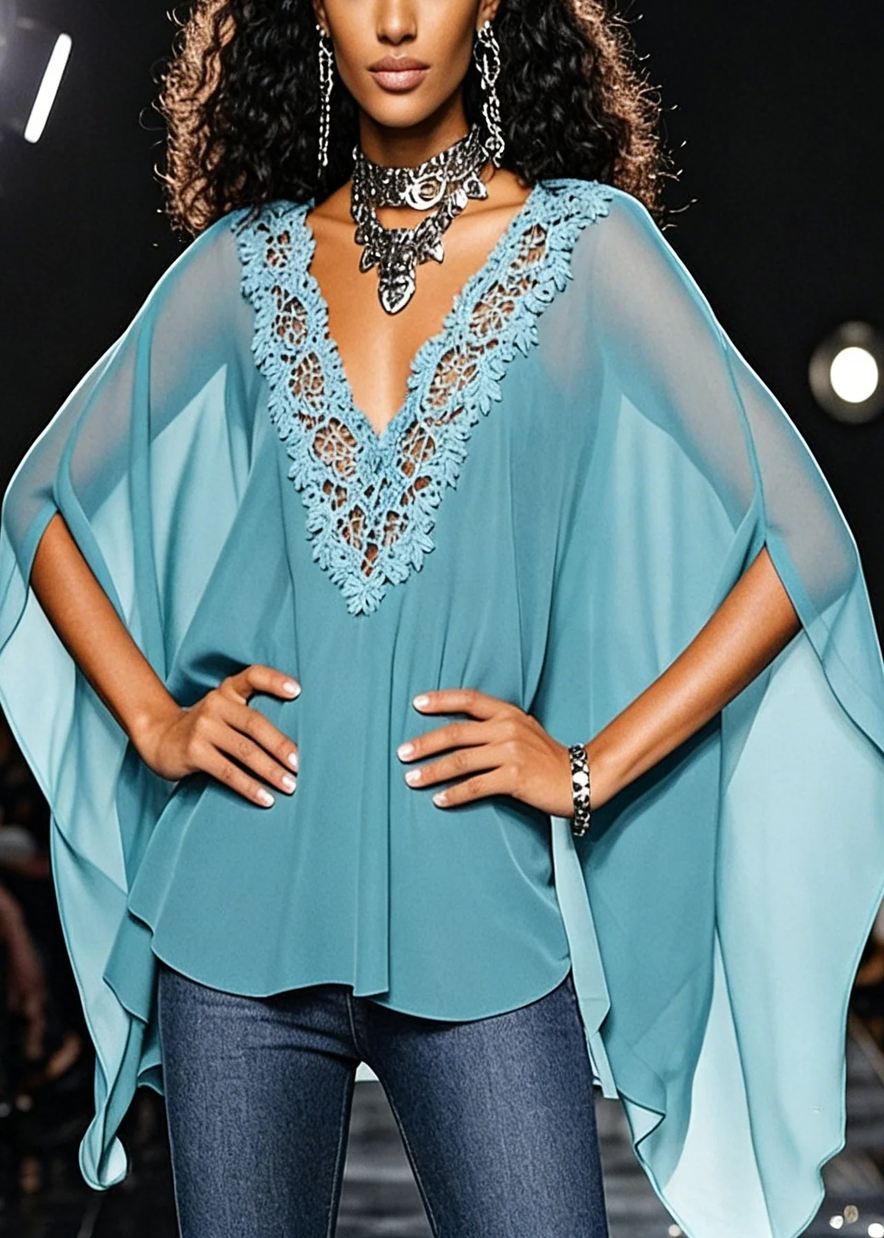 Loose Blue V Neck Hollow Out Lace Chiffon Top Batwing Sleeve - Image 5