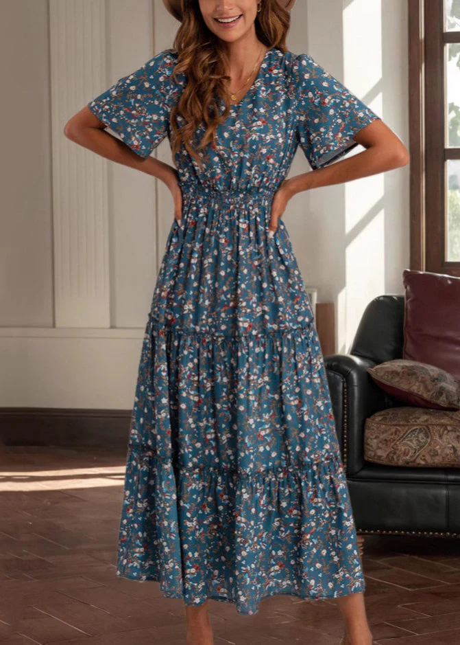 Loose Blue V Neck Print High Waist Cotton Long Dress Summer - Image 2