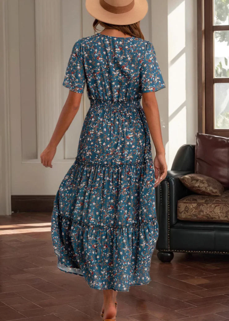 Loose Blue V Neck Print High Waist Cotton Long Dress Summer - Image 3