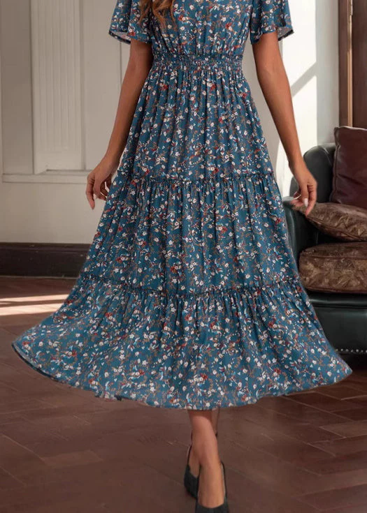 Loose Blue V Neck Print High Waist Cotton Long Dress Summer - Image 4