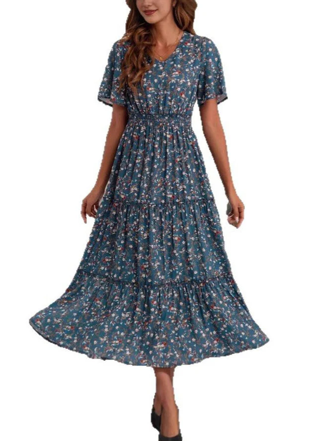 Loose Blue V Neck Print High Waist Cotton Long Dress Summer - Image 5