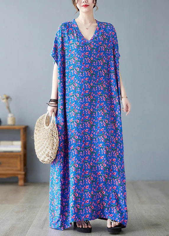 Loose Blue V Neck Print Long Dresses Short Sleeve