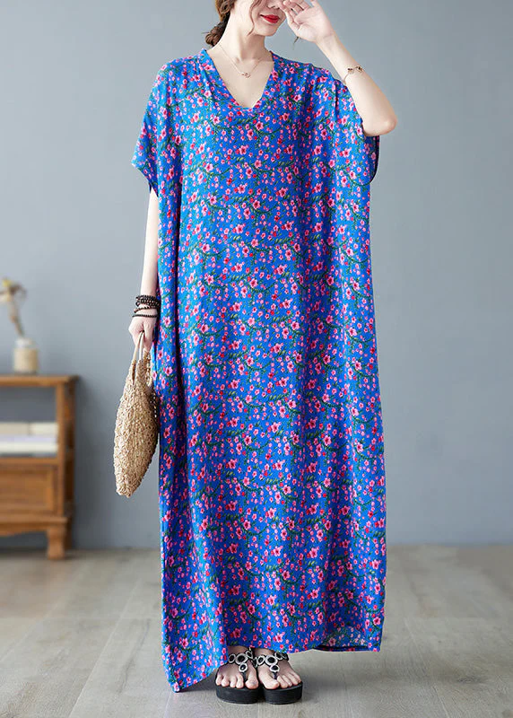 Loose Blue V Neck Print Long Dresses Short Sleeve - Image 2