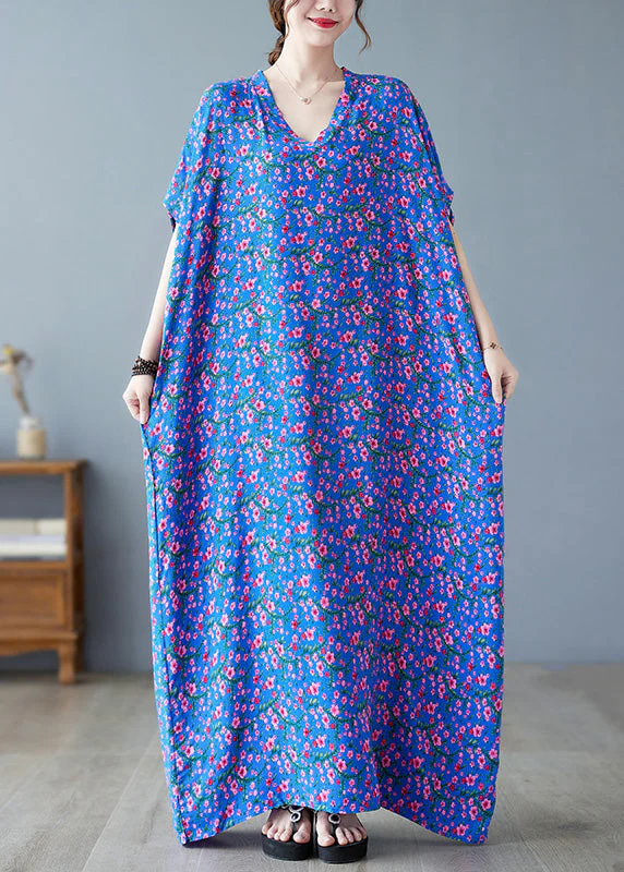 Loose Blue V Neck Print Long Dresses Short Sleeve - Image 3