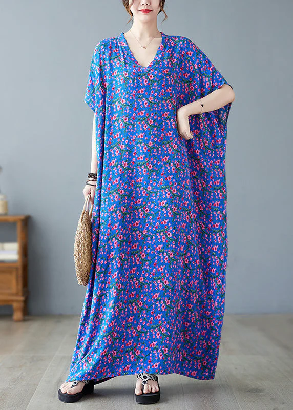 Loose Blue V Neck Print Long Dresses Short Sleeve - Image 4