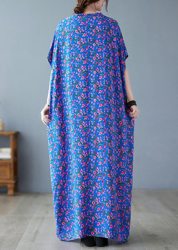 Loose Blue V Neck Print Long Dresses Short Sleeve - Image 5