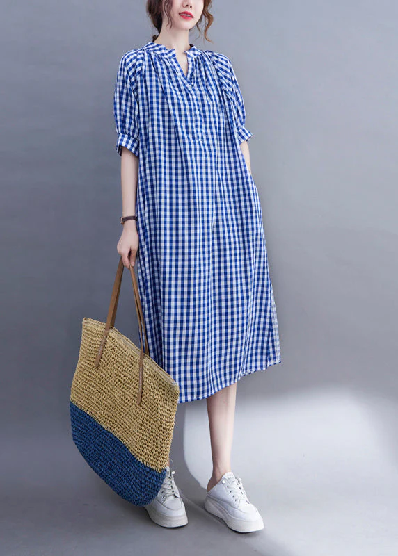 Loose Blue V Neck side open Plaid Cotton Dress Short Sleeve - Image 2