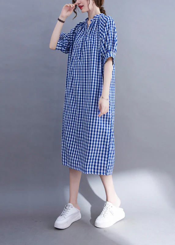 Loose Blue V Neck side open Plaid Cotton Dress Short Sleeve - Image 3