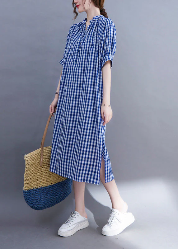 Loose Blue V Neck side open Plaid Cotton Dress Short Sleeve - Image 4