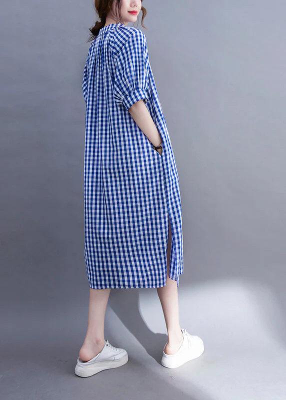 Loose Blue V Neck side open Plaid Cotton Dress Short Sleeve - Image 5