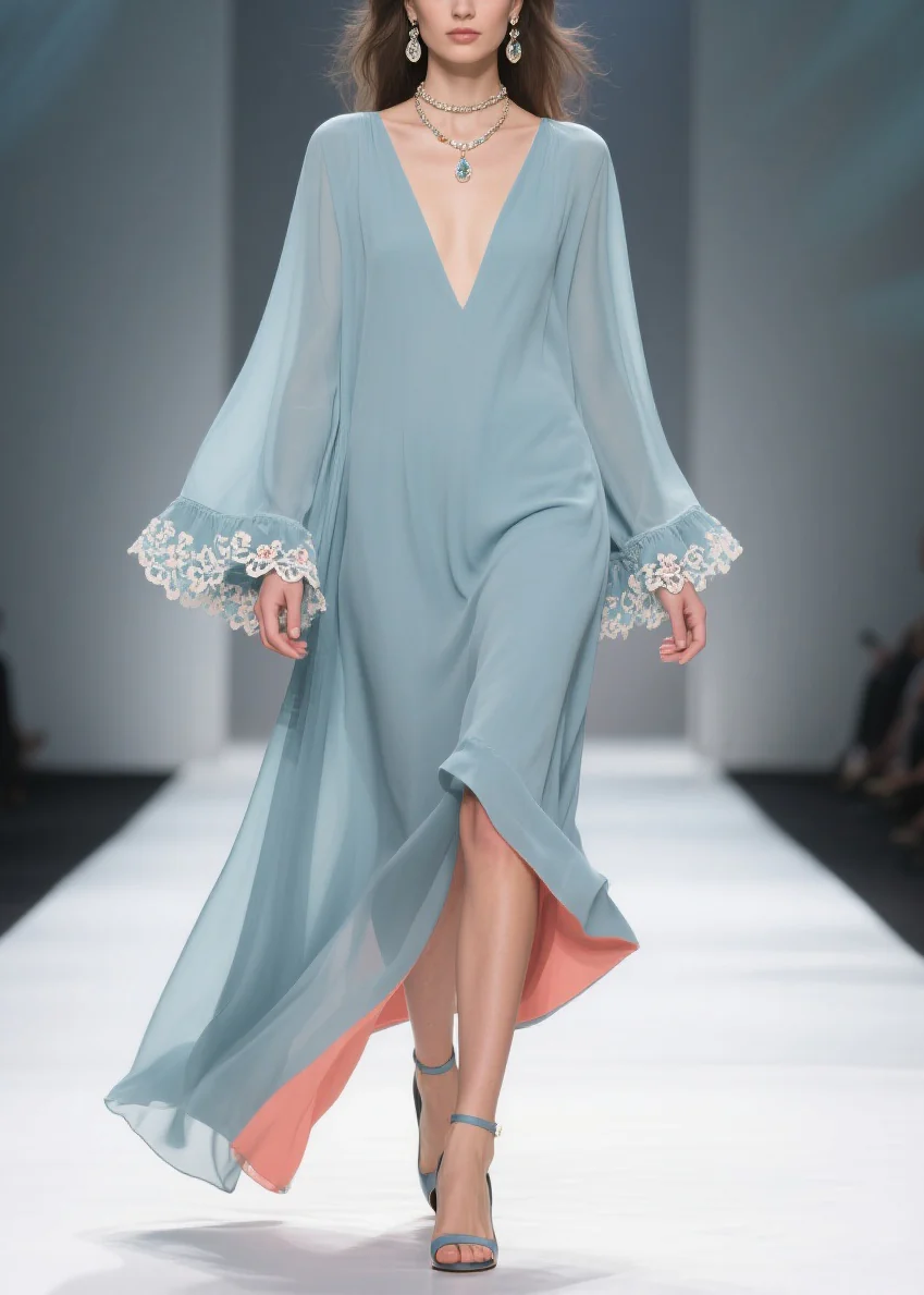 Loose Blue V Neck Solid Chiffon Maxi Dresses Flare Sleeve