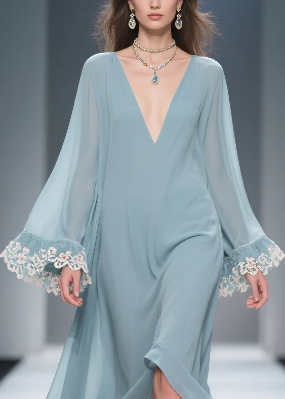 Loose Blue V Neck Solid Chiffon Maxi Dresses Flare Sleeve - Image 2